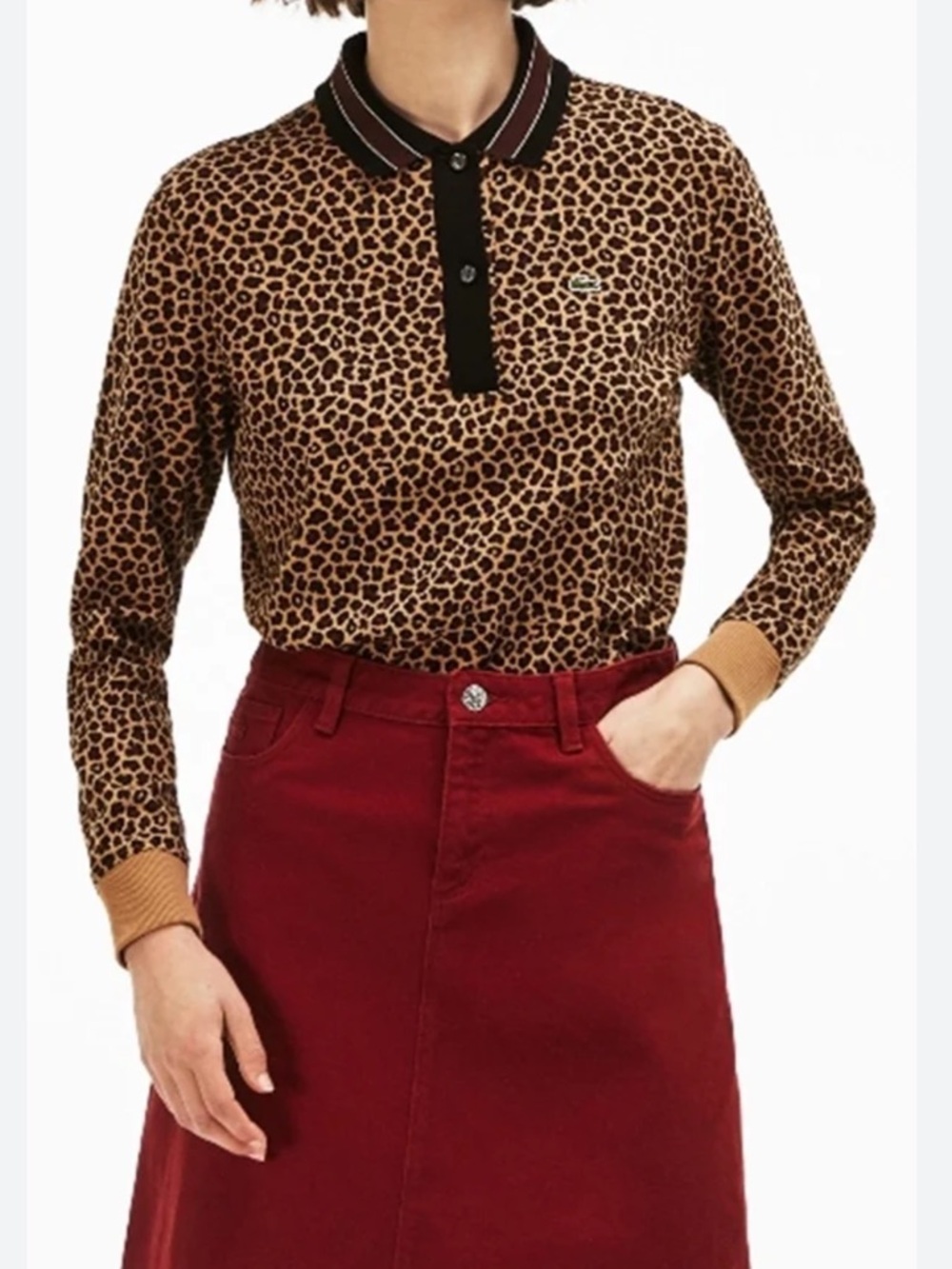 Lacoste Brown Leopard Print Long Sleeve Polo L